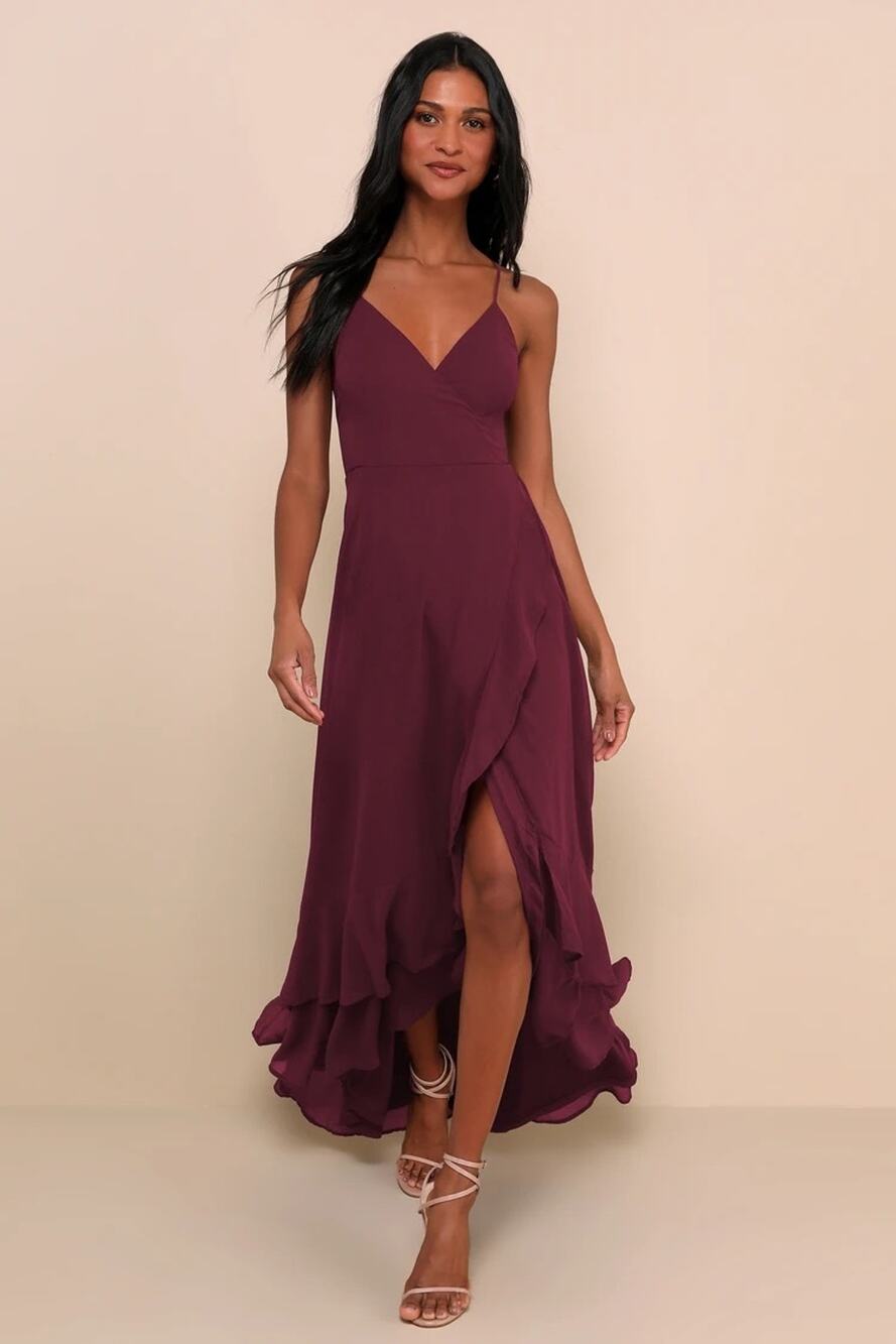 NWT  Lulus In Love Forever Plum Lace-Up High-Low Maxi Dress Wedding Prom Size S